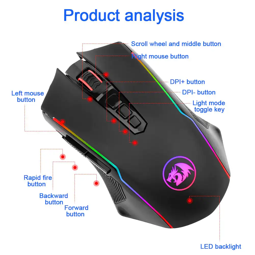 ماوس سلكي ولاسلكي  ريدراجون ، 1.8  متر، 8000 DPI، أسود، M910-KS