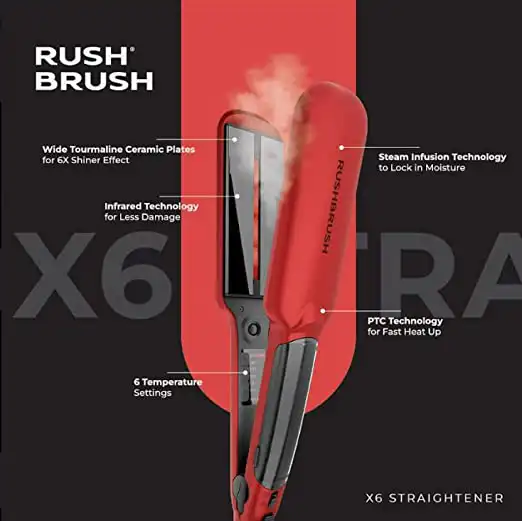 Rush Brush Hair Straightener, Tourmaline Ceramic Plates, Steam Technology, Red, X6