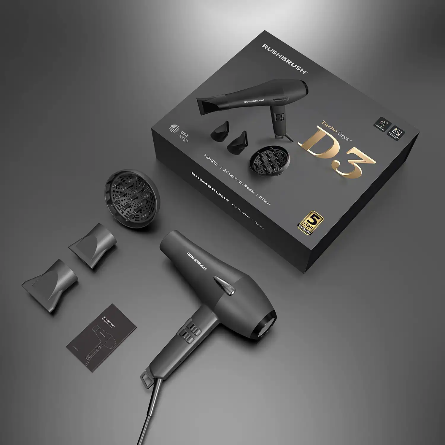 Rush Brush Hair Dryer, 2600 Watt, Black, D3 Turbo