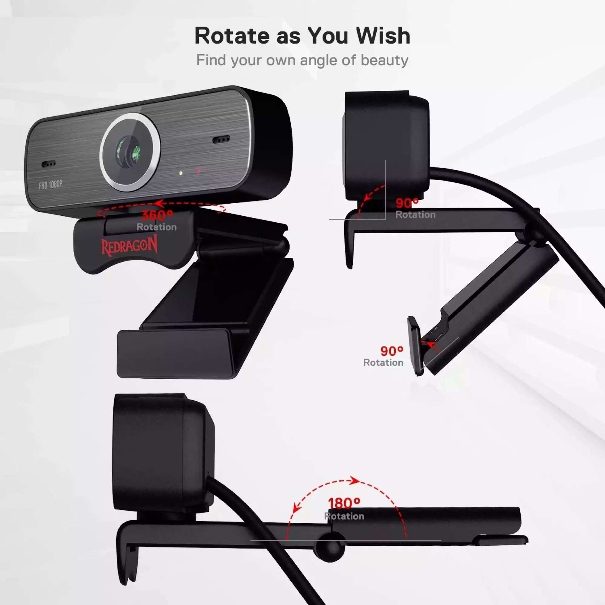 كاميرا ويب قابلة للدوران 360 درجة بميكروفون مزدوج مدمج ومنفذ USB 2 للسكايب والكمبيوتر هيتمان من ريدراجون GW800