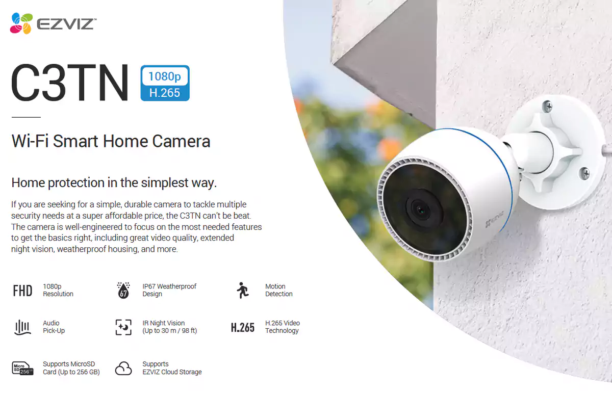 Azviz Outdoor Security Camera, 2MP, Wi-Fi, 1080p Full HD, CS-C3TN - White