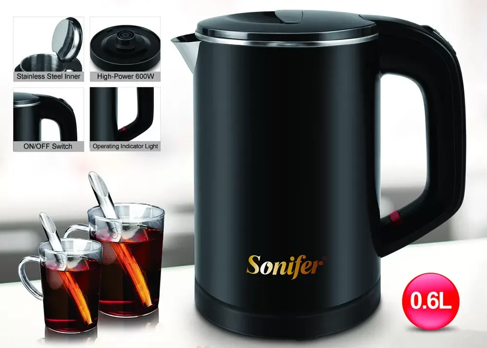 Sonifer Electric Water Kettle, 0.5 Liter, 600 Watt, Inner Stainless Steel, Black SF-2058