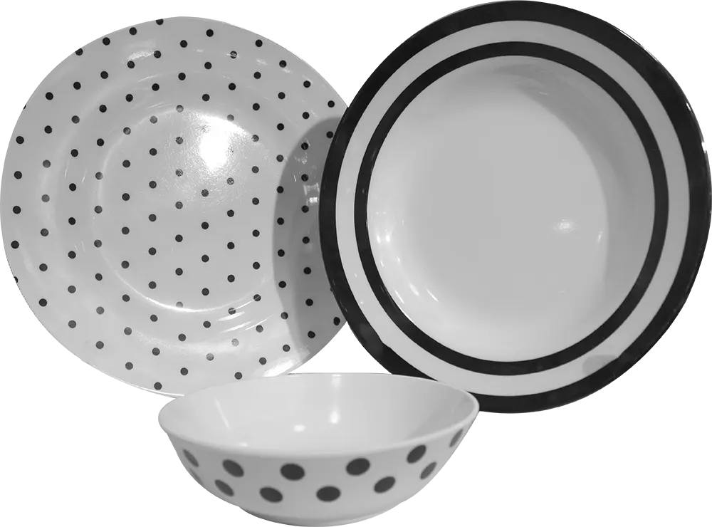 طقم عشاء ميلامين مكة دائري ، 38 قطعة ، أبيض x أسود