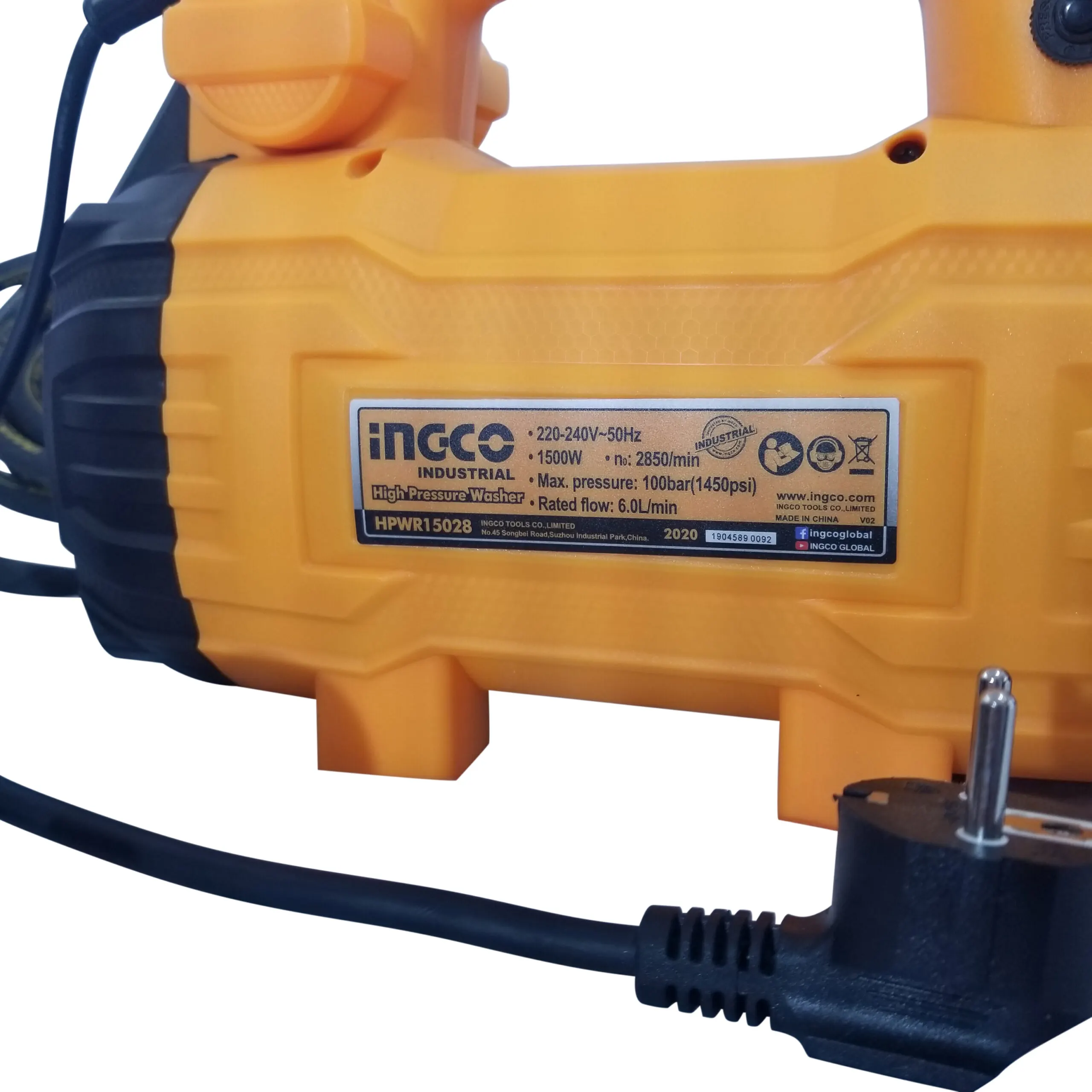 Ingco High Pressure Washer, 100 Bar, 1500 Watt, Yellow, HPWR15028