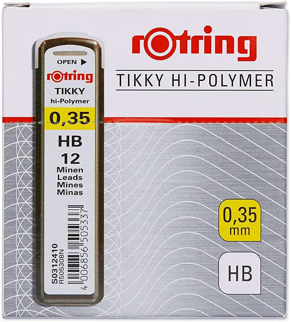 Rotring HB Tikky Polymer Pencil Lead, 0.35 mm, 12 Lead, Gray 0.35 0312410
