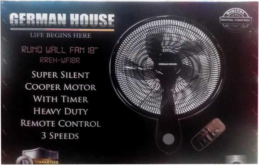 German House Wall Fan, 18 Inch, Remote Control, 3 Speeds, Black, RREH-WF18R