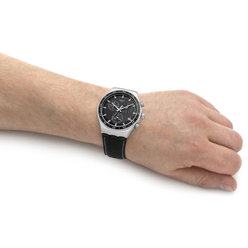Swatch IRONY AT NIGHT Men's Watch, Analog, Leather Strap, Black, YVS495