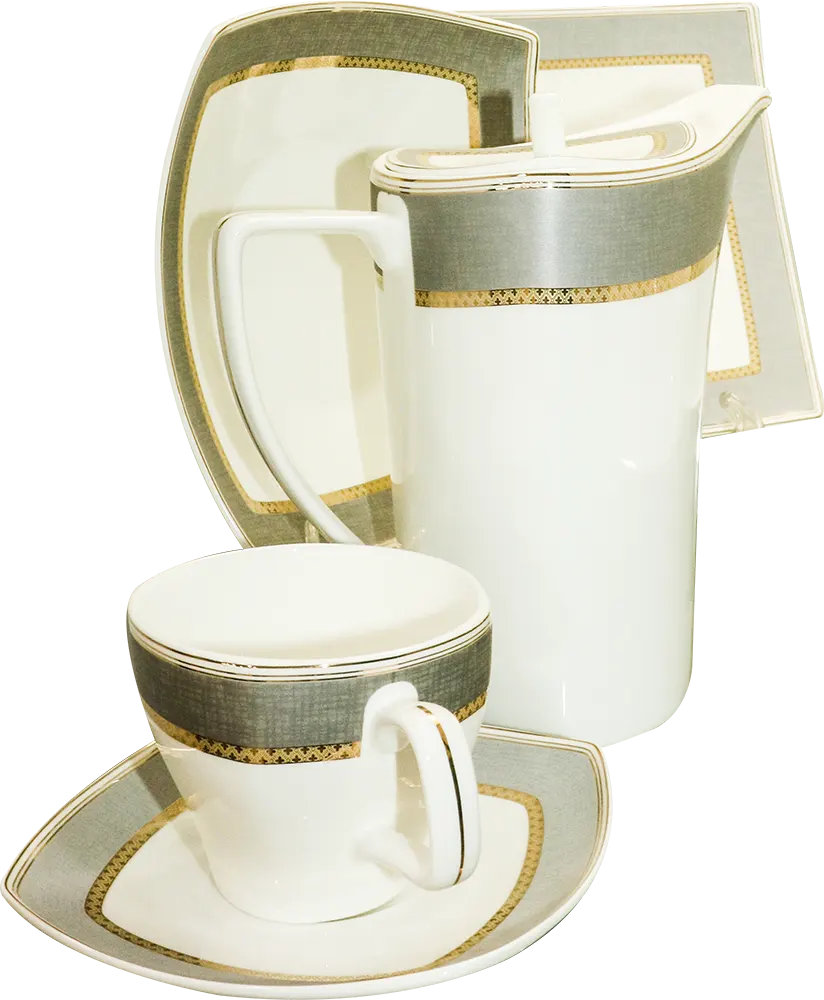 طقم صيني مربع بنجلاديش، 62 قطعة، أبيض× أخضر بخطوط  ذهبي