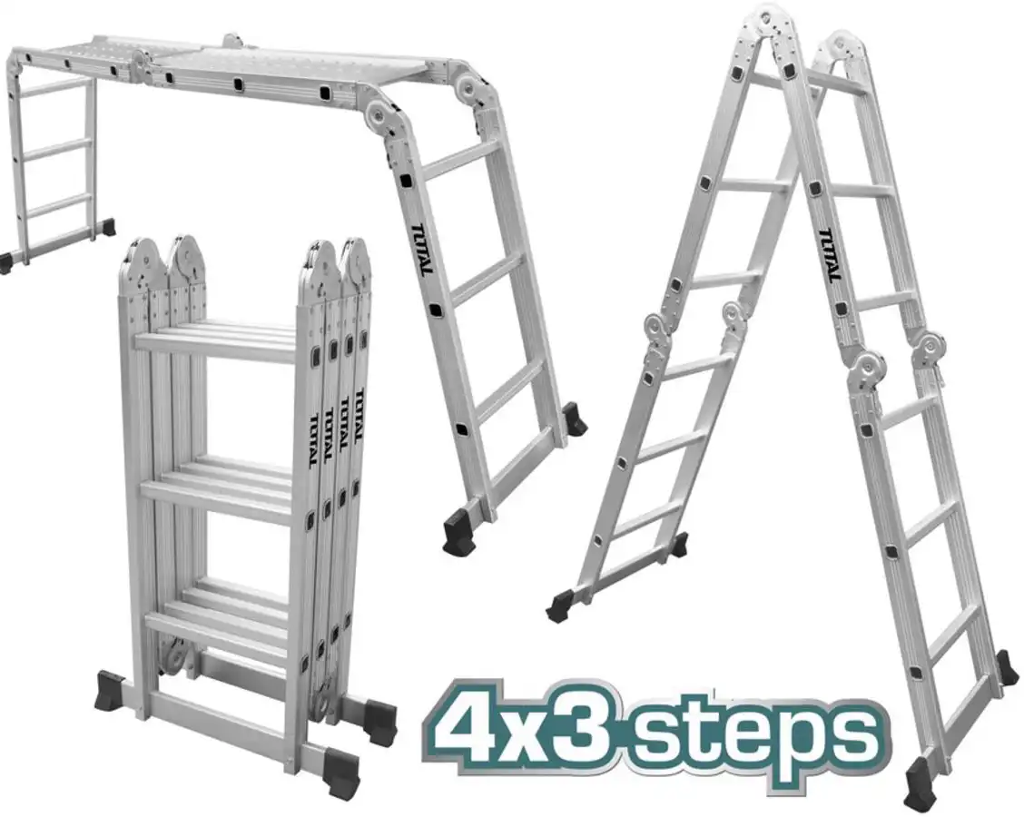 Total Aluminum Ladder, 3x4 Steps, Foldable, Silver, THLAD04431