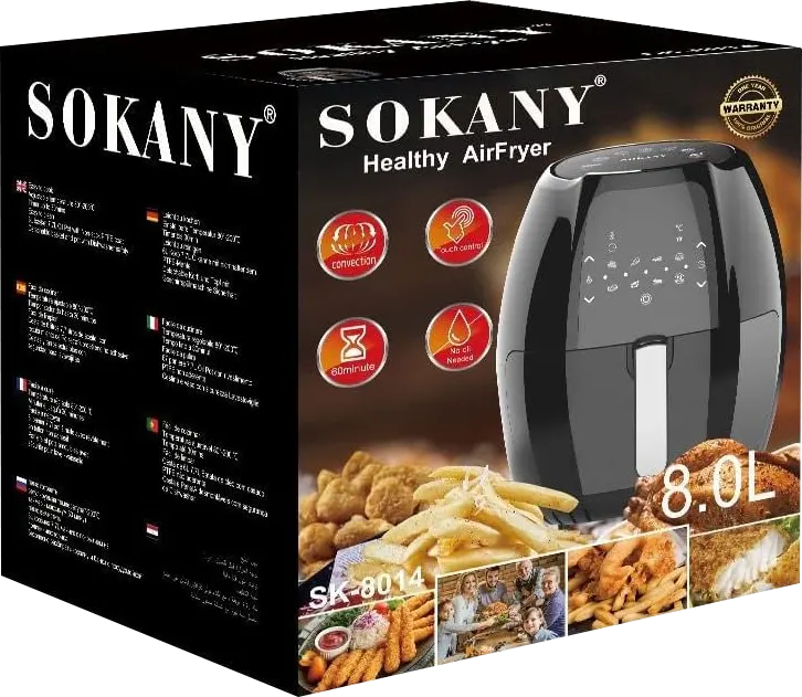 Sokany Air Fryer, 1800 Watt, 8 Liters, Digital Display, Black, SK-8014