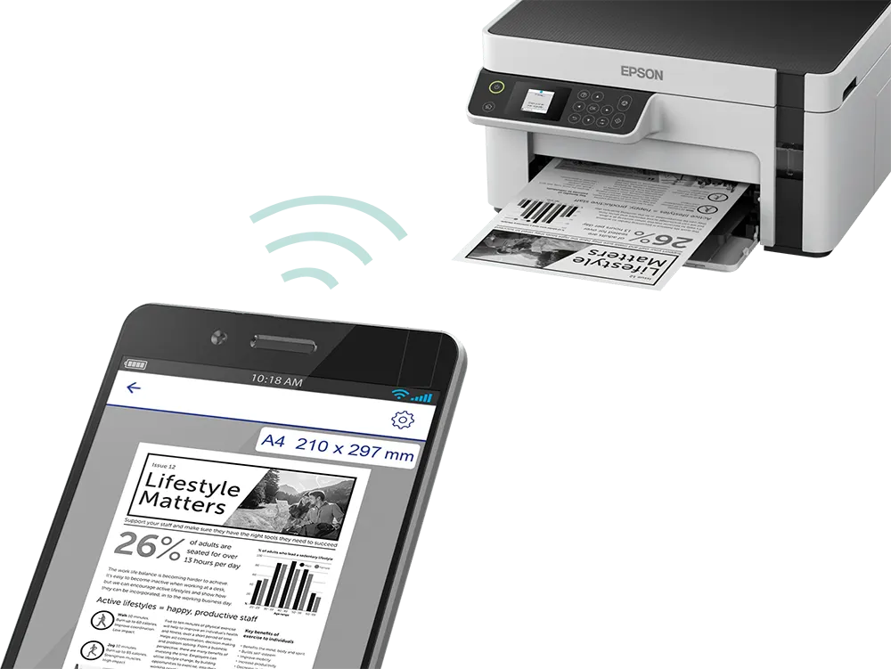 طابعة إبسون إيكو تانك متعددة الوظائف ، أحادية اللون ، واي فاي ، أبيض ، M2120