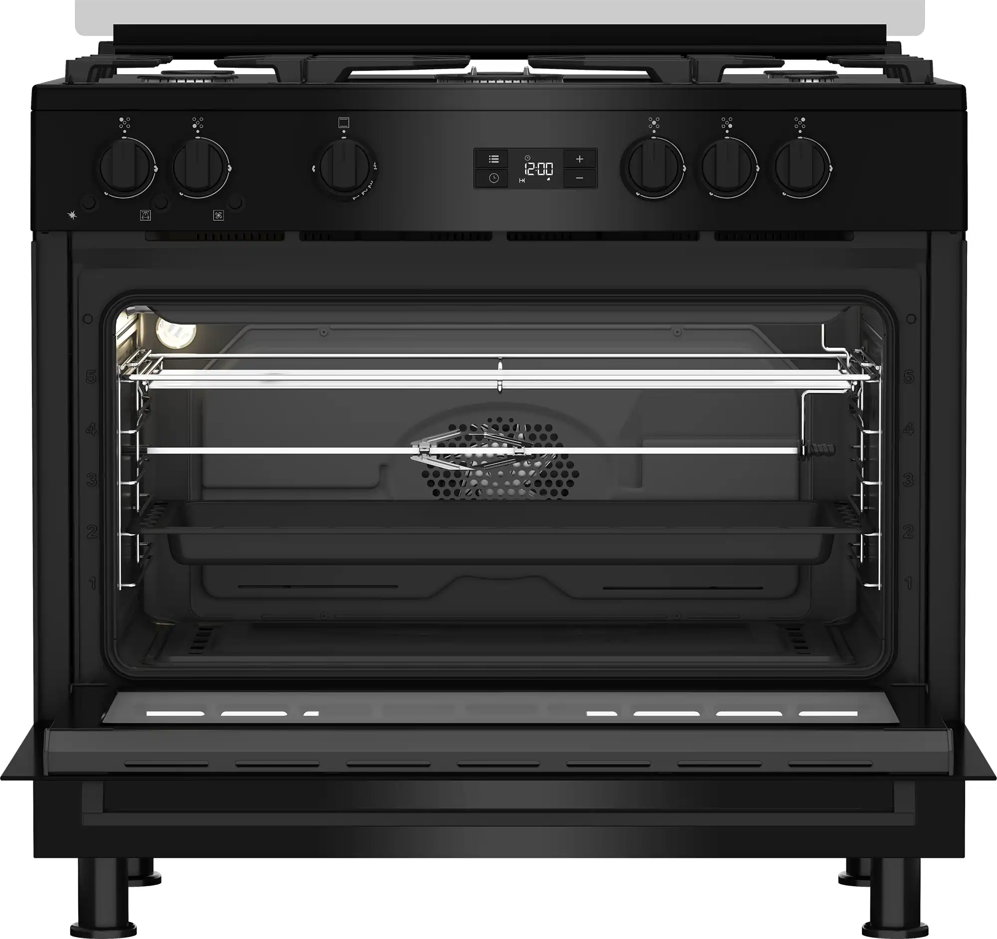 Beko gas cooker, 90 x 60 cm, 5 burners, full safety, digital screen, fan, black, GGR 15325 FX NB