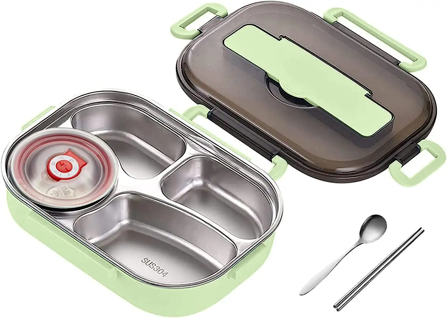 Divided stainless steel leak-proof lunch box with spoon and chopsticks - green