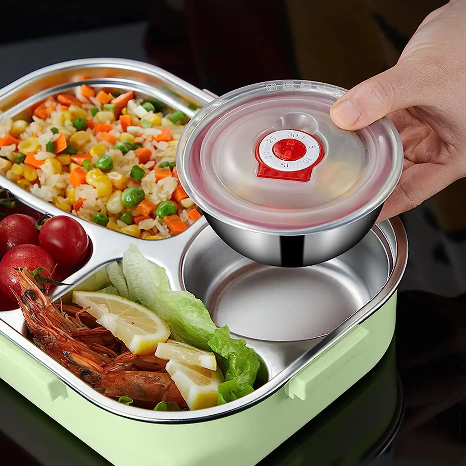 Divided stainless steel leak-proof lunch box with spoon and chopsticks - green
