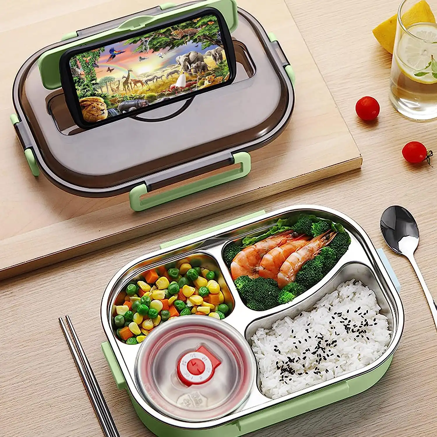 Divided stainless steel leak-proof lunch box with spoon and chopsticks - green