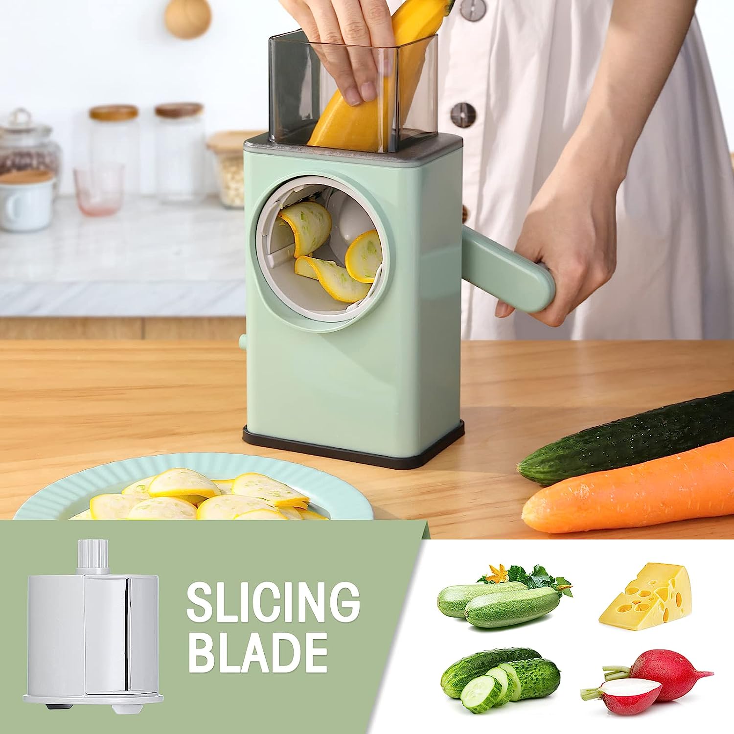 Rotary cheese and vegetable grater - green