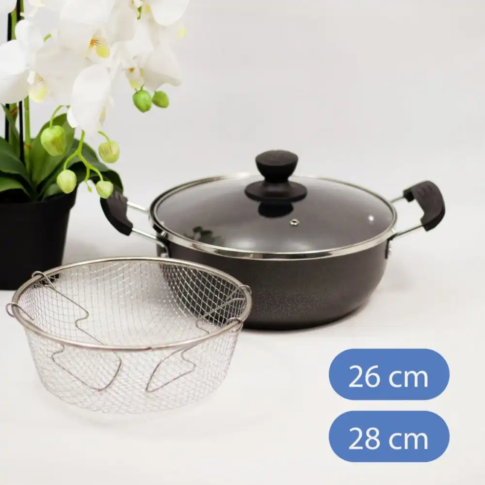 Granite griddle roasting pan with glass lid, size 28 cm, black