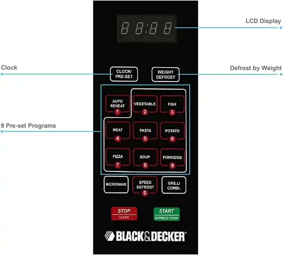 Black & Decker Microwave, 30 Liter, Grill, 900 Watt, Digital, Silver, MZ3000PG-B5