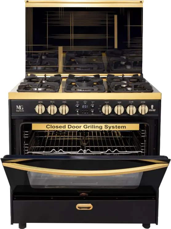 بوتاجاز ام جي هالك، 90×60 سم، 5 شعلة، شاشة ديجيتال، مروحة، أسود × ذهبي