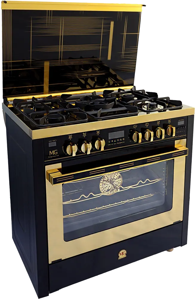 بوتجاز ام جي برو كنترول 90*60 سم، 5 شعلة، 2 مروحة، أمان كامل، شاشة ديجيتال، أسود* ذهبي