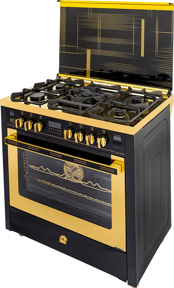 بوتجاز ام جي برو كنترول 90*60 سم، 5 شعلة، 2 مروحة، أمان كامل، شاشة ديجيتال، أسود* ذهبي