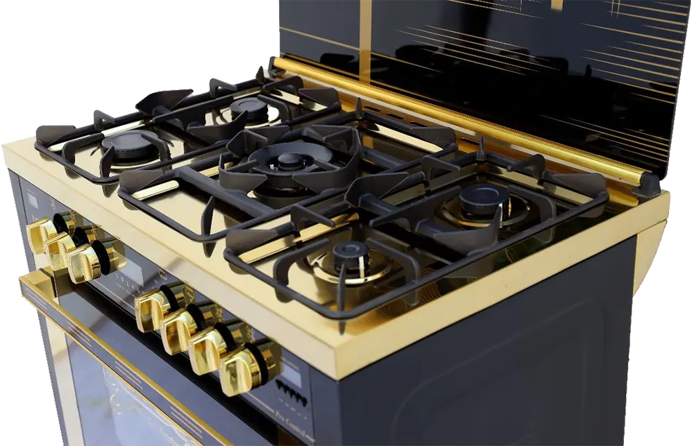 بوتجاز ام جي برو كنترول 90*60 سم، 5 شعلة، 2 مروحة، أمان كامل، شاشة ديجيتال، أسود* ذهبي