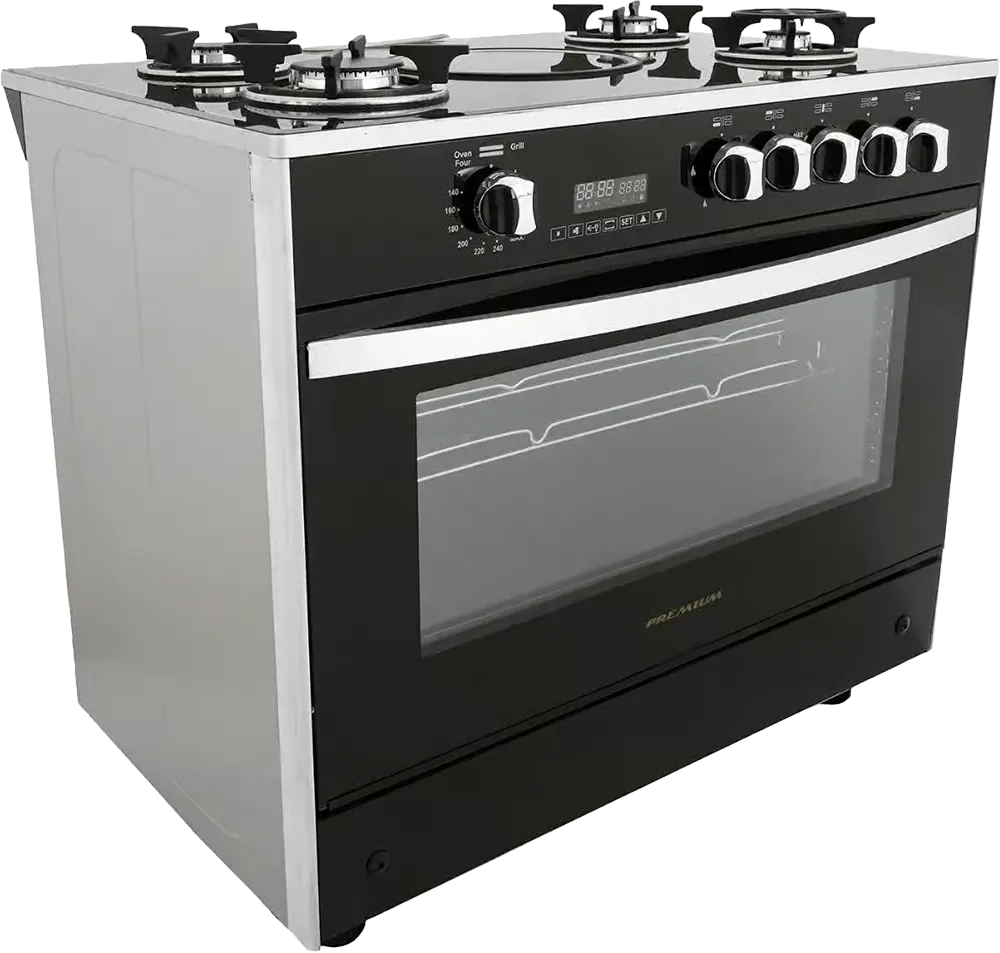 Premium gas cooker, 60x90 cm, 4 burners, 1 electric burner, full safety, digital display, fan, black PRM6090GS-AC-383-IDSH-S-F-2W