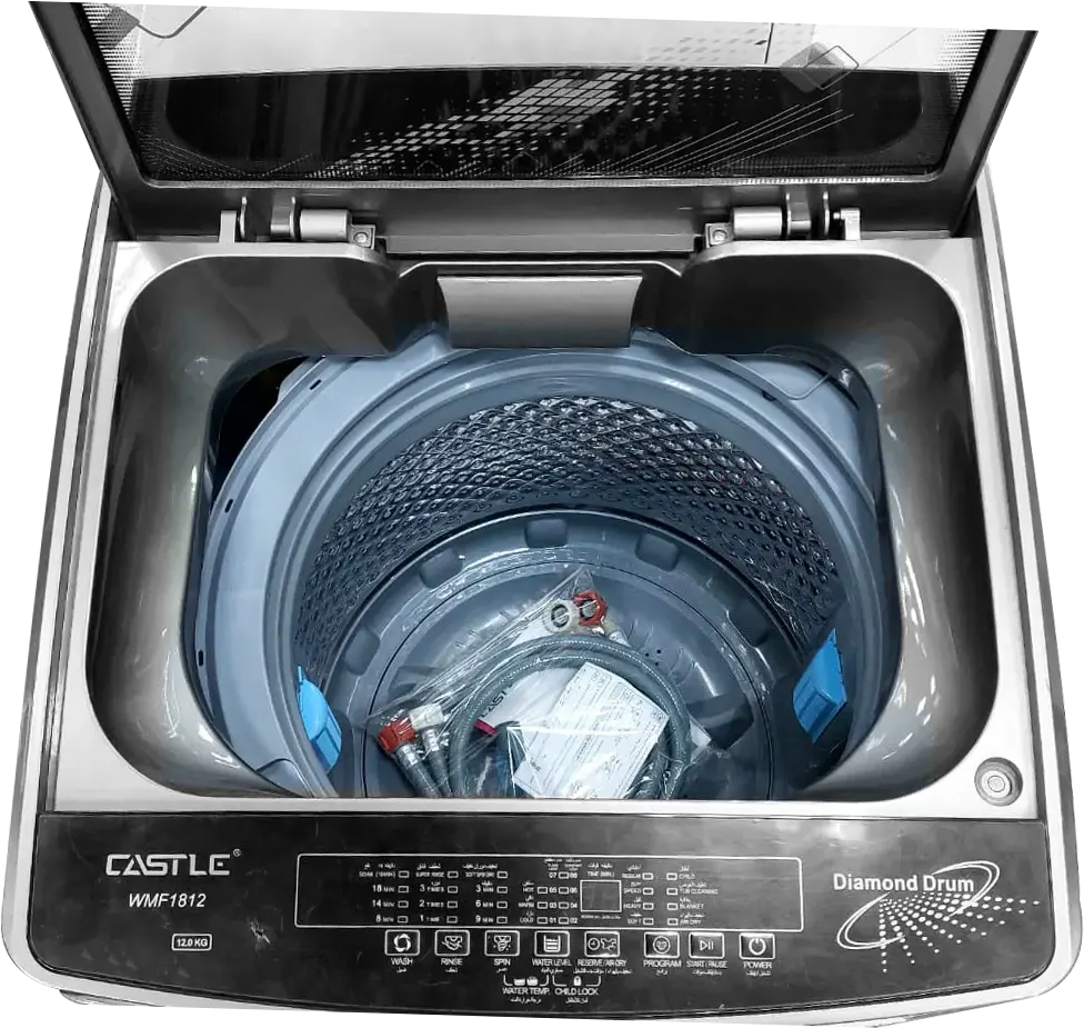 Castle Top Loading Washing Machine, 12 KG, Digital Display, Silver, Black Door, WMF1812