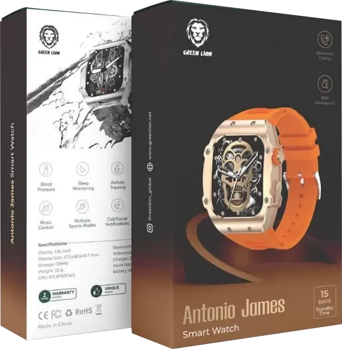Green Lion Antonio James Smart Watch, 1.85 Inch Touch Screen, Water Resistant, 400 mAh Battery, Orange