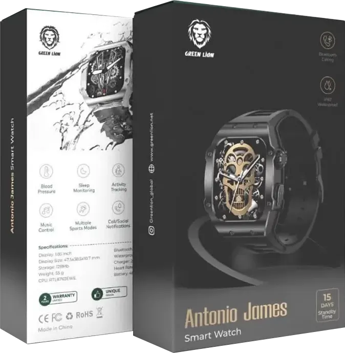 ساعة جرين ليون أنطونيو جيمس الذكية، شاشة 1.85 بوصة تعمل باللمس ،مقاومة للماء،بطارية 400 مللي أمبير، أسود