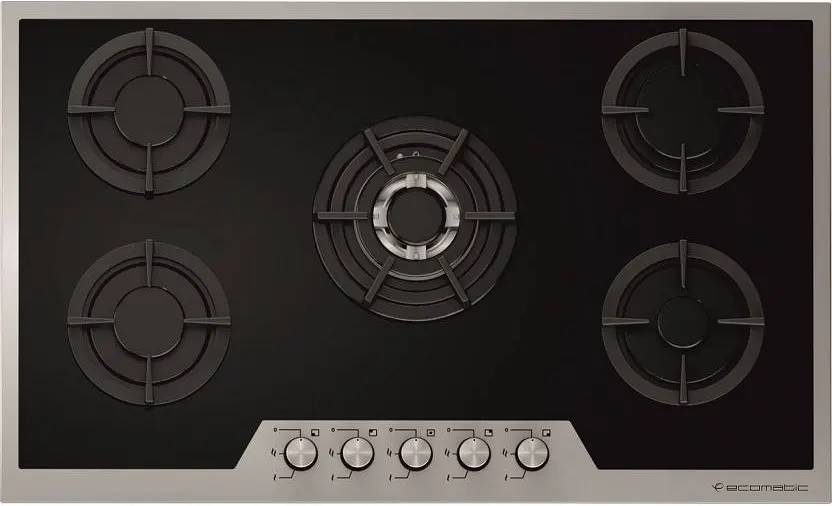 Ecomatic Built-in Hob Cooker, 90 cm, 5 Gas Burners, Black Glass with Stainless Frame, S907IGC