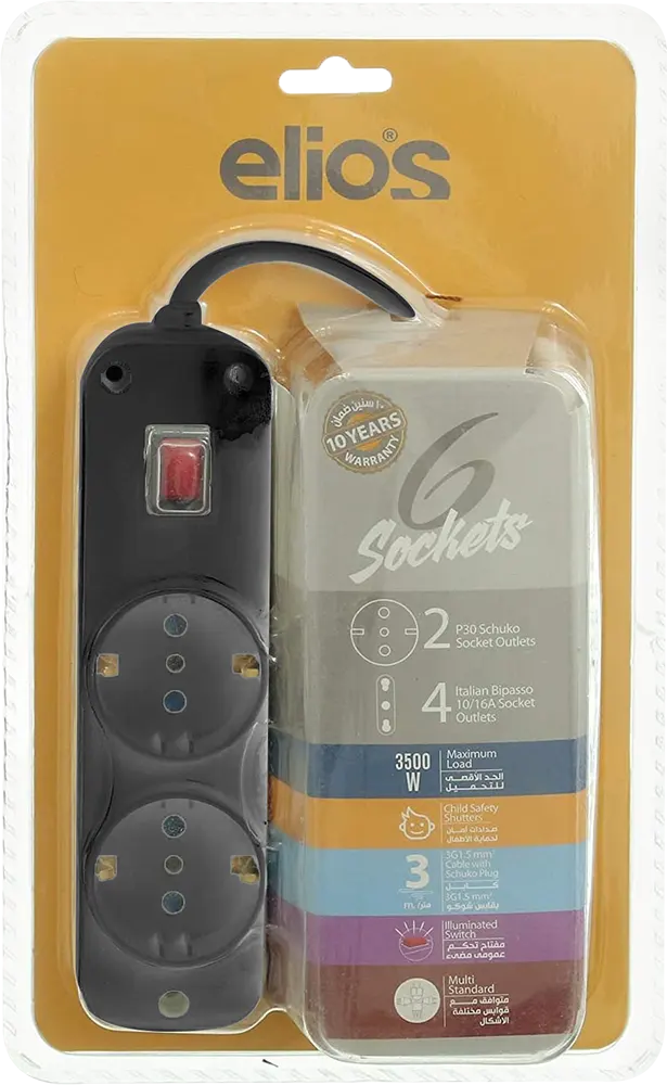مشترك كهرباء إليوس، 6 منافذ، 3680  وات، 250 فولت، 16 أمبير، أسود