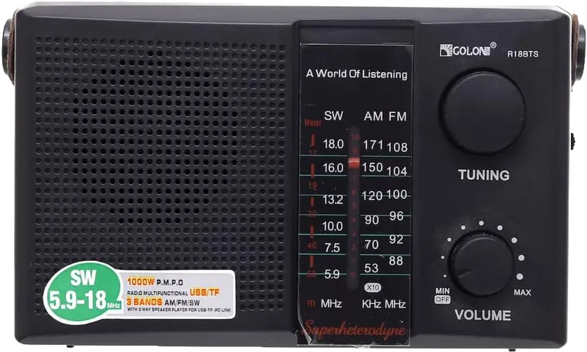 جهاز راديو صغير جولون، كلاسيكي، FM\AM\SW، توصيل بالكهرباء أو بطارية قابلة لإعادة، الشحن، صوت عالي نقي، منفذ سماعة رأس، أسود، R18BTS