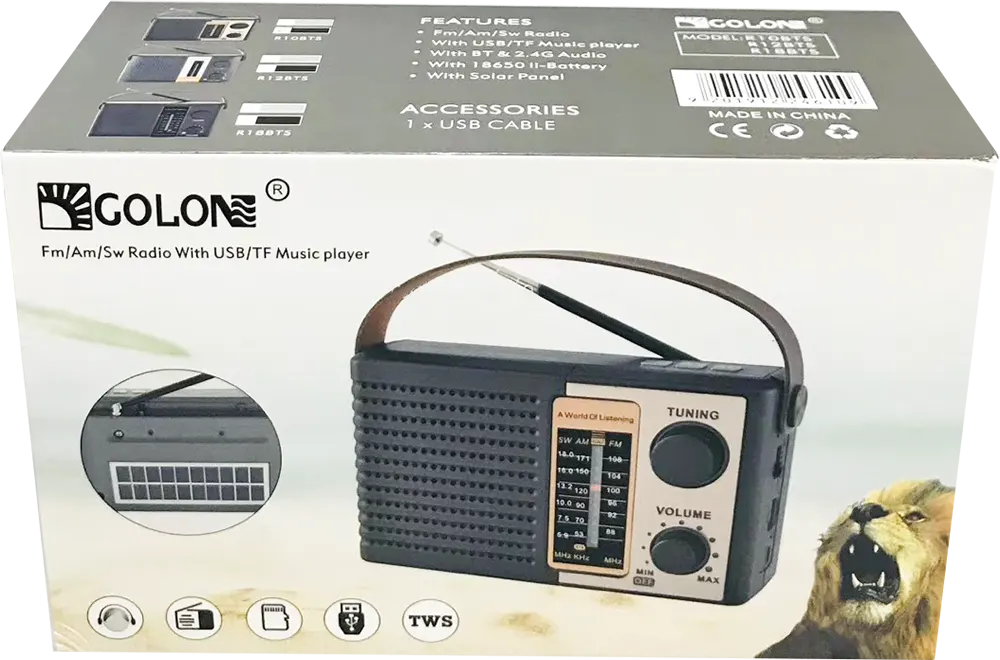 Golon FM-AM-SW Portable Radio, Classic, Plug in or Rechargeable Battery, Loud, Clear Sound, Headphone Jack, Black, R18BTS