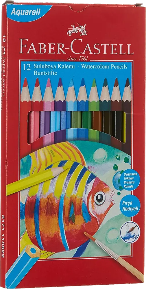 Faber-Castell Aquarel Color Wooden Pencils, Set of 12, Long, Multiple Color Brushes, FC110622