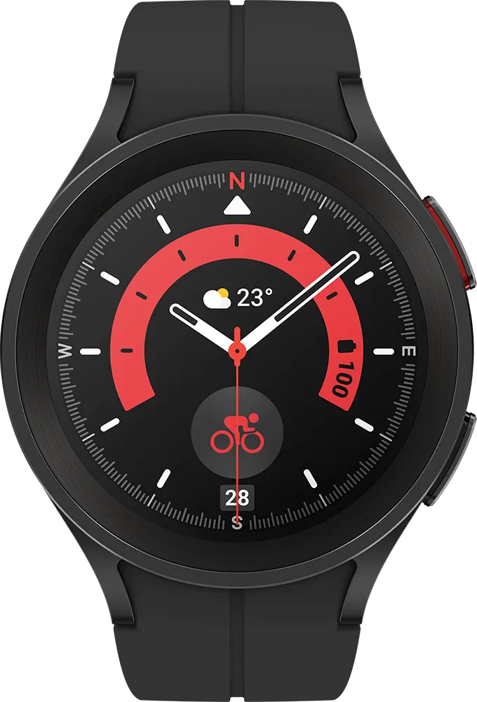 ساعة سامسونج جالكسي واتش 5 برو الذكية، مقاس 45 مم، بلوتوث، شاشة لمس 1.4 بوصة، مقاومة للماء، لون أسود تيتانيوم