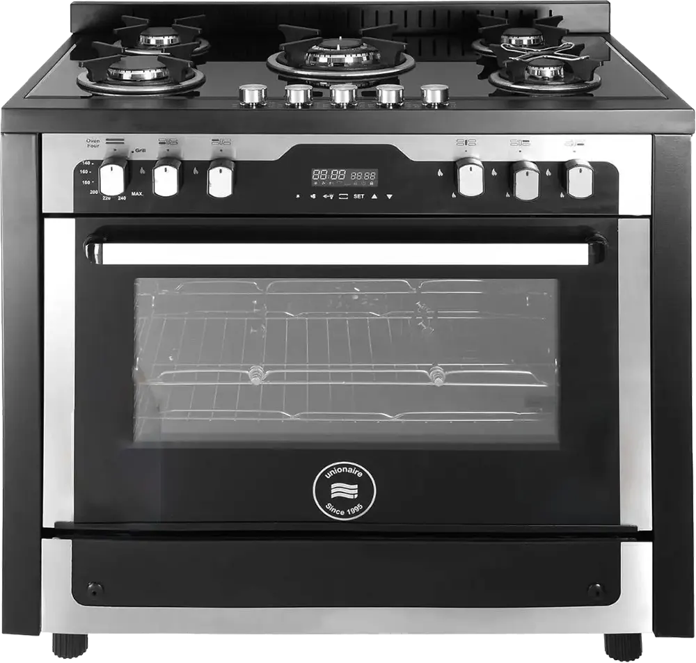 بوتاجاز يونيون اير سيلفر ايديشن 60*90 سم، 5 شعلة، أمان كامل، حامل أواني زهر، مروحة تبريد، فضي* اسود، C69GB1-1GC-383-IDSP-S-PC-2W-AL