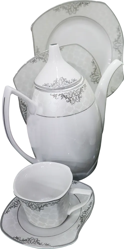 طقم صيني ماليزي من الاندلس، 62 قطعة، أبيض بنقوش سيلفر