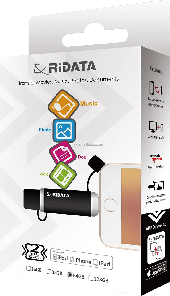 محرك أقراص فلاش USB ري داتا بسعة 64 جيجابايت، مخرج OTG لأجهزة Apple، معتمد من iOS، أسود