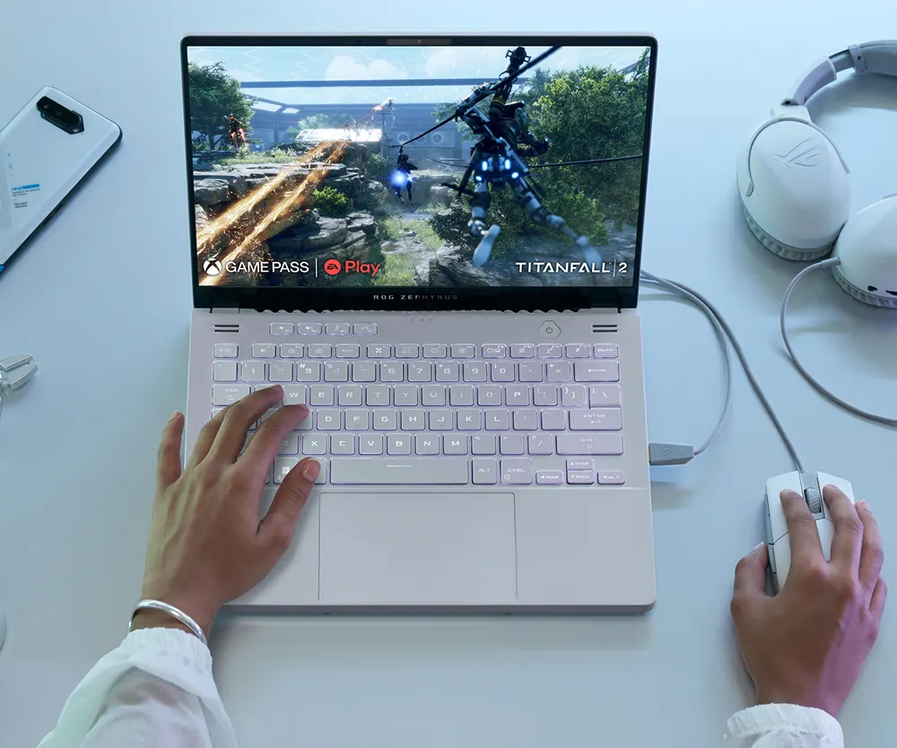 لاب توب اسوس روج سيفروس جي 14 GA402RJ-WHT07W  معالج Ryzen 7 6800HS، رامات 16 جيجابايت ، هارد ديسك 1 تيرابايت SSD ، كارت شاشة RX 6700S سعة 8 جيجابايت ، شاشة 14.0 بوصة دقة QHD+، ويندوز 11، أبيض