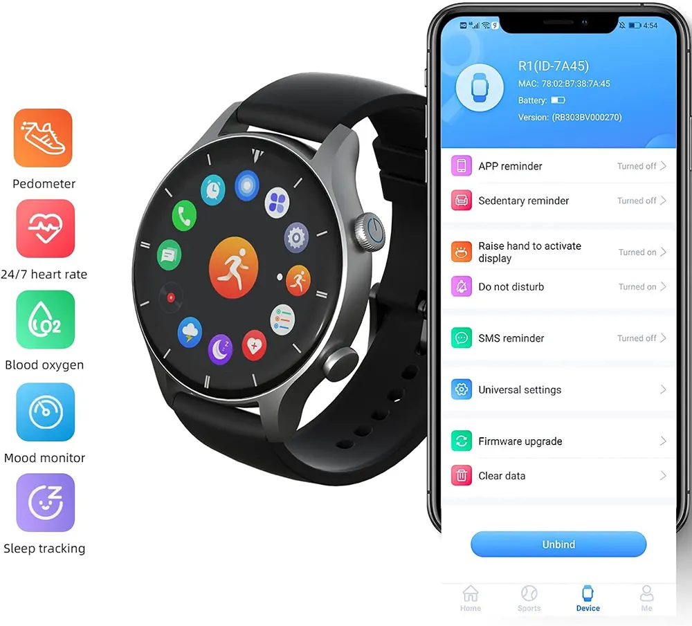 ساعة جي تايد R1 الذكية ، شاشة 1.32 بوصة ، مقاومة للماء، لون رمادي