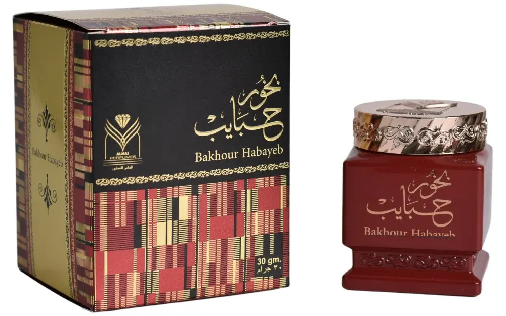 Almas Habaib incense , composed of oud, Taif rose, amber, and lavender, 30 grams