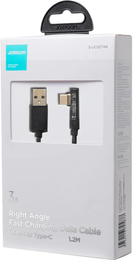 كابل شحن جوي روم سريع زاوية يمين، USB-A إلى Type-C، 1.2 متر، S-UC027A6، أسود
