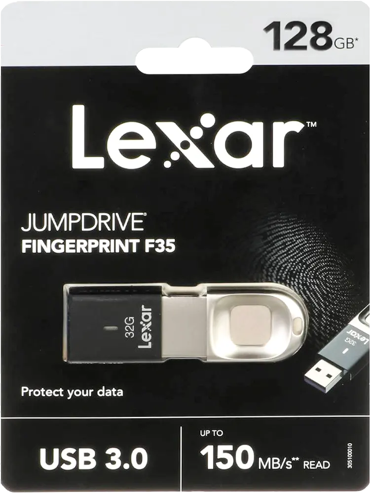 Lexar JumpDrive F35 Flash Memory, 128GB ,Fingerprint IDs , USB 3.0, Black, LJDF35-128GBBK