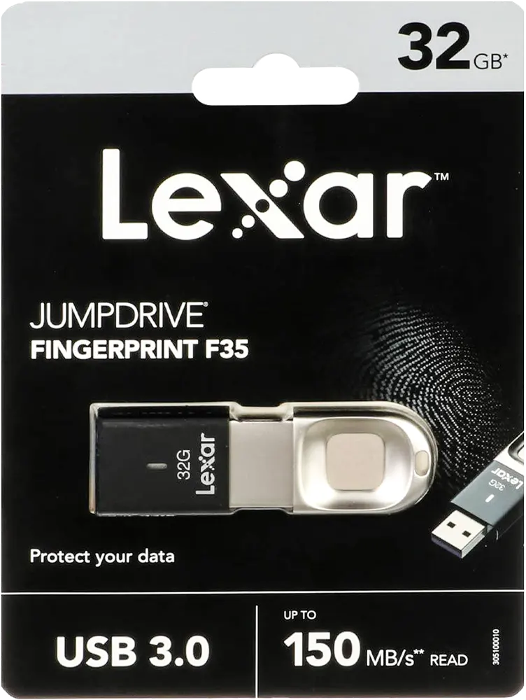 Lexar JumpDrive F35 Flash Memory, 32GB ,Fingerprint IDs , USB 3.0, Black, LJDF35-32GBBK