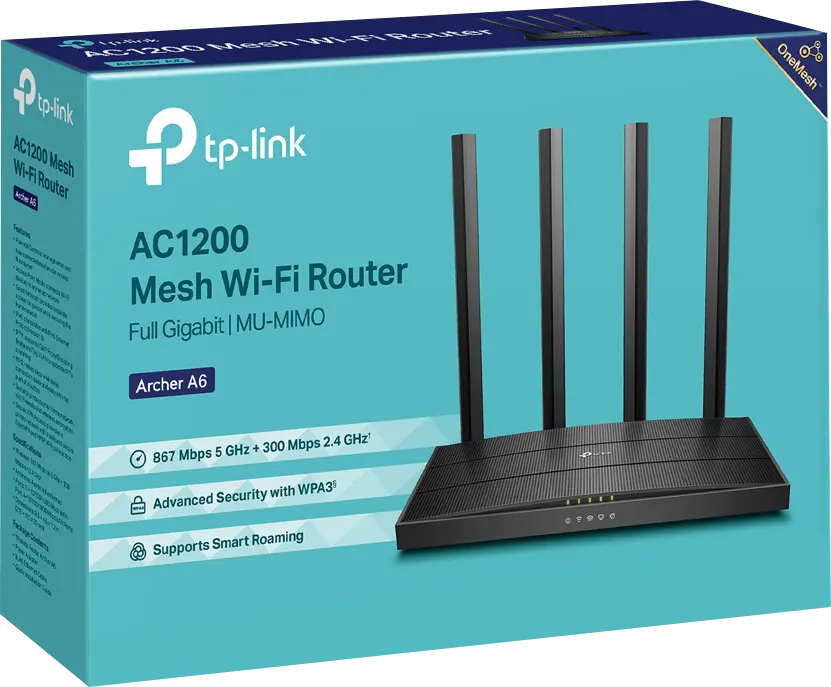 TP-Link Archer A6 Router, Wi-Fi, Gigabit Speed, Dual Band, 4 Antennas, Black, AC1200