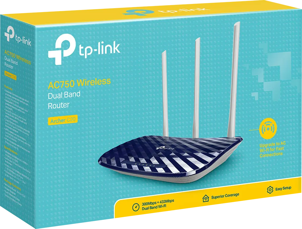 TP-Link Archer C20 Router, Wi-Fi, Dual Band, 3 Antennas, Blue, AC750
