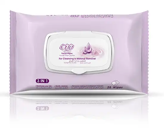 مناديل مبللة منظفة للوجه ومزيلة للمكياج للبشرة عادية والجافة من ايفا  25 منديل