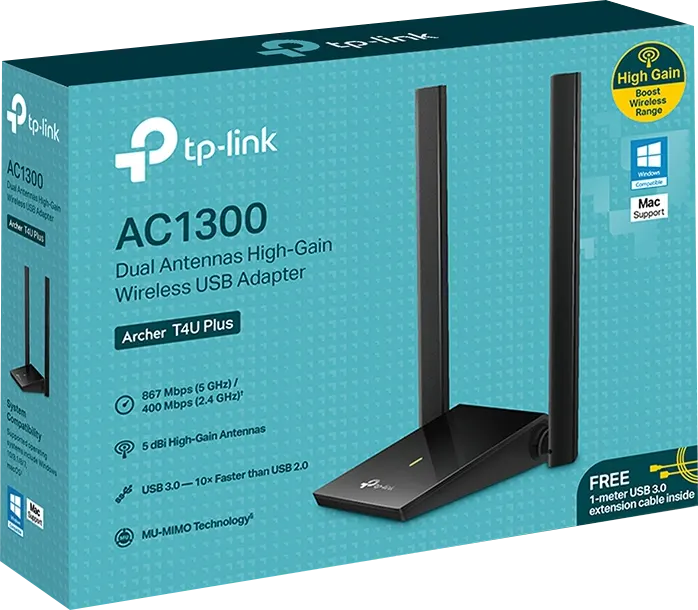TP-Link Archer T4U Plus Wireless USB Adapter, Black AC1300