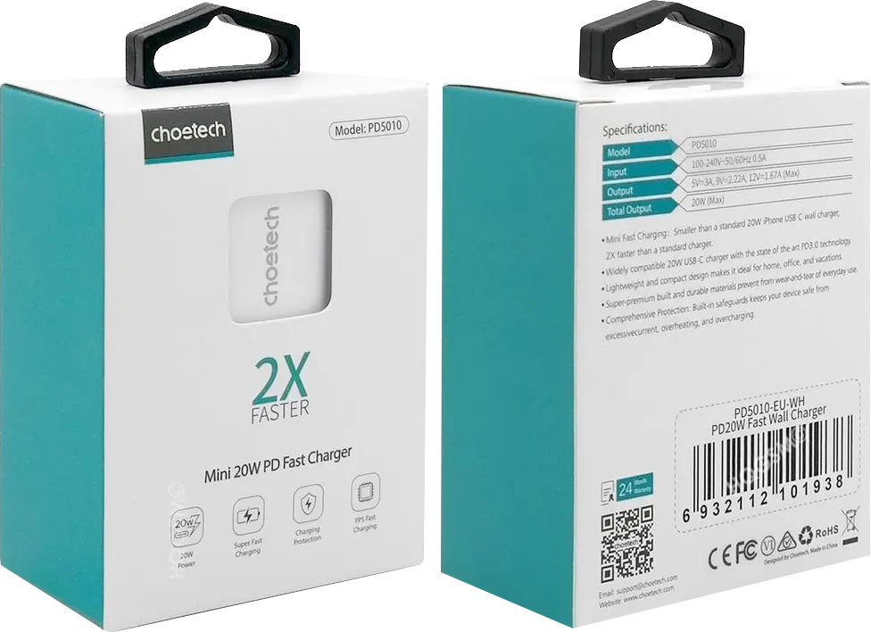 Choetech 2x Faster Mini Fast Charger, 20W, White, PD5010-EU-WH